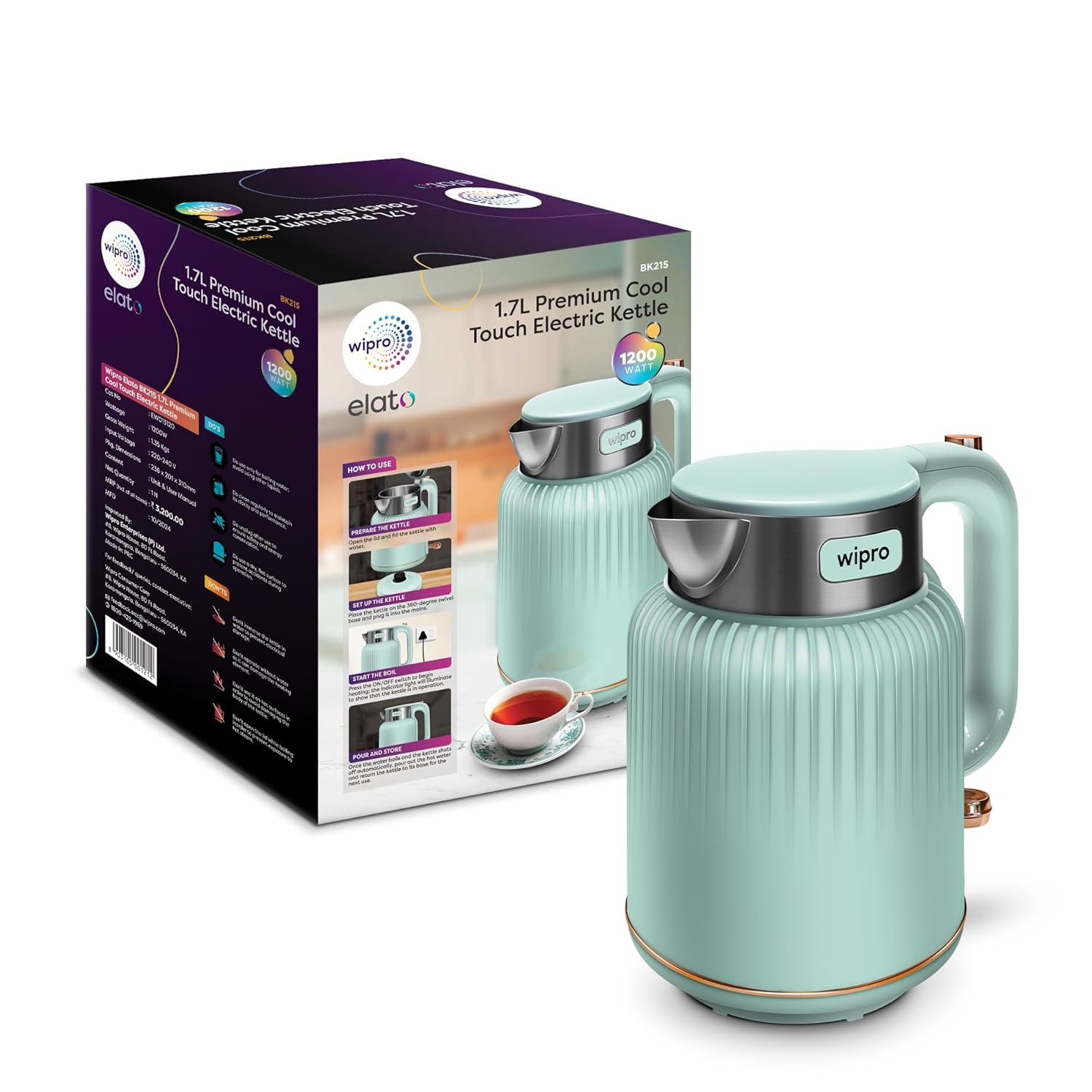 Wipro Elato BK215 Cool Touch Electric Kettle, 1.7 Litres,Anti-Rust Shield